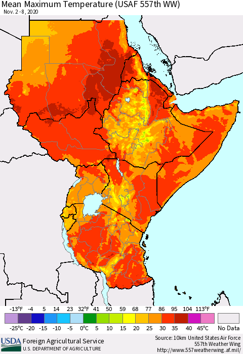 Eastern Africa Mean Maximum Temperature (USAF 557th WW) Thematic Map For 11/2/2020 - 11/8/2020