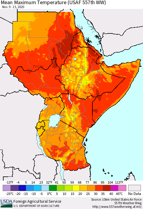 Eastern Africa Mean Maximum Temperature (USAF 557th WW) Thematic Map For 11/9/2020 - 11/15/2020