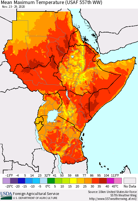 Eastern Africa Mean Maximum Temperature (USAF 557th WW) Thematic Map For 11/23/2020 - 11/29/2020