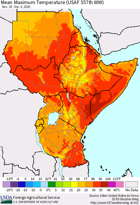 Eastern Africa Mean Maximum Temperature (USAF 557th WW) Thematic Map For 11/30/2020 - 12/6/2020