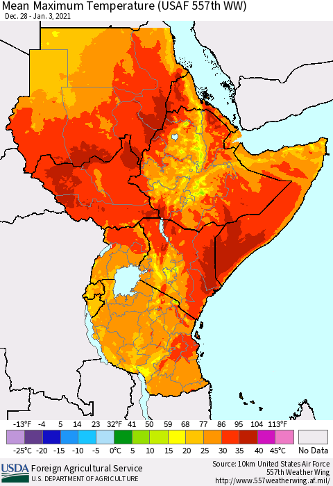 Eastern Africa Mean Maximum Temperature (USAF 557th WW) Thematic Map For 12/28/2020 - 1/3/2021