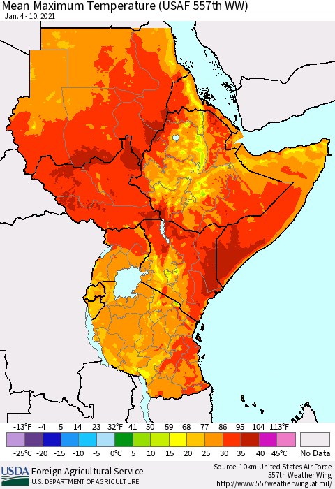 Eastern Africa Mean Maximum Temperature (USAF 557th WW) Thematic Map For 1/4/2021 - 1/10/2021