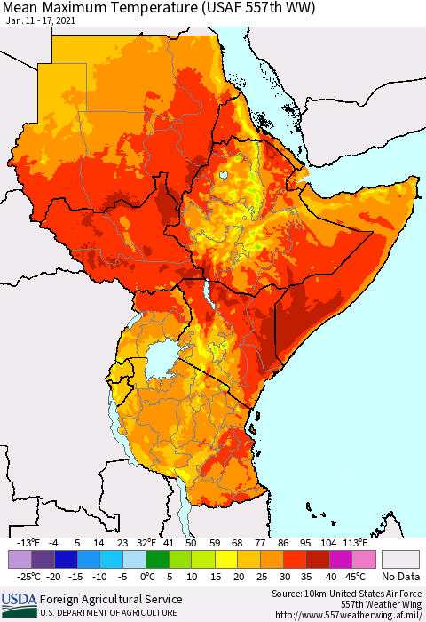 Eastern Africa Mean Maximum Temperature (USAF 557th WW) Thematic Map For 1/11/2021 - 1/17/2021