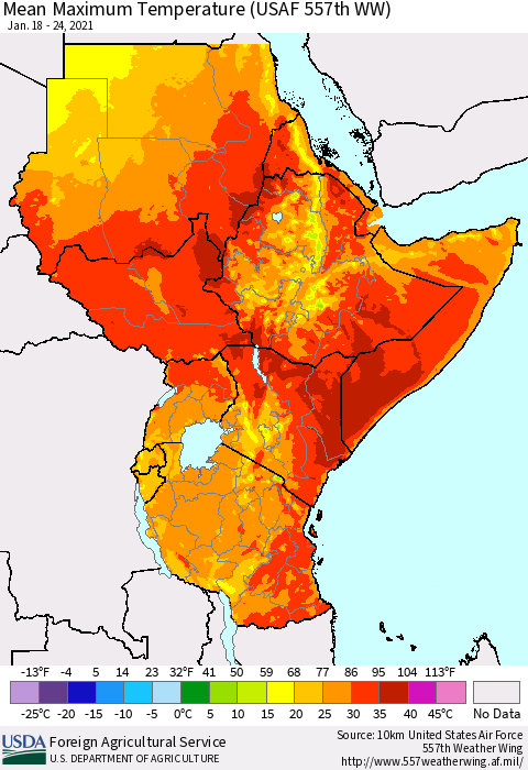 Eastern Africa Mean Maximum Temperature (USAF 557th WW) Thematic Map For 1/18/2021 - 1/24/2021