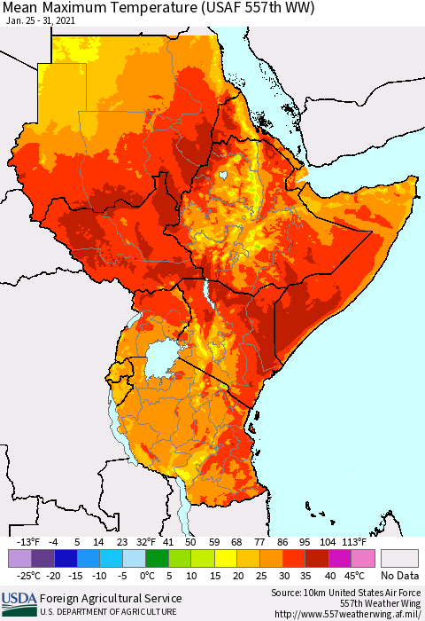 Eastern Africa Mean Maximum Temperature (USAF 557th WW) Thematic Map For 1/25/2021 - 1/31/2021