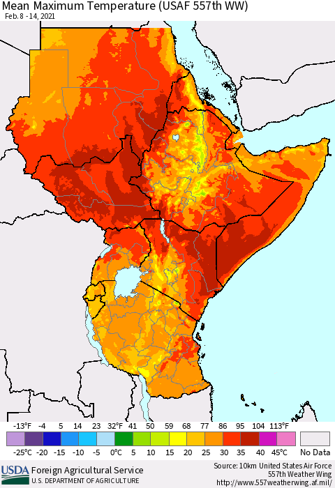 Eastern Africa Mean Maximum Temperature (USAF 557th WW) Thematic Map For 2/8/2021 - 2/14/2021