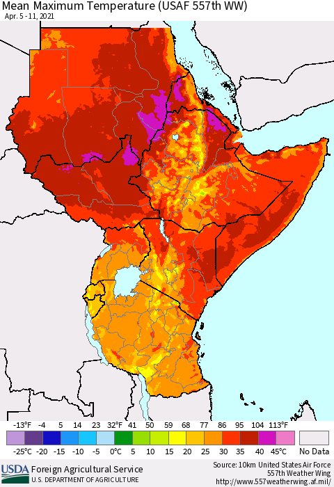 Eastern Africa Maximum Temperature (USAF 557th WW) Thematic Map For 4/5/2021 - 4/11/2021