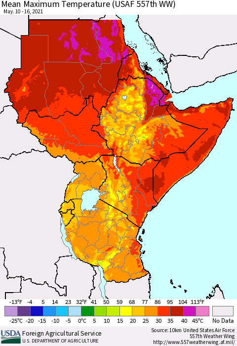 Eastern Africa Maximum Temperature (USAF 557th WW) Thematic Map For 5/10/2021 - 5/16/2021