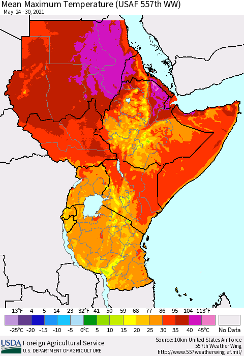 Eastern Africa Maximum Temperature (USAF 557th WW) Thematic Map For 5/24/2021 - 5/30/2021