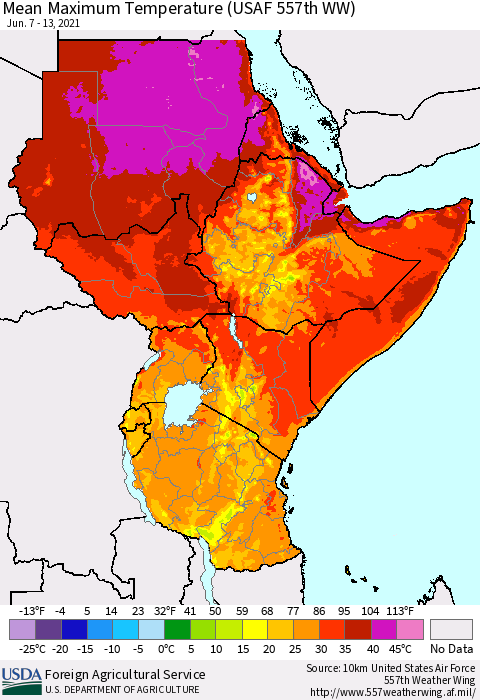 Eastern Africa Maximum Temperature (USAF 557th WW) Thematic Map For 6/7/2021 - 6/13/2021