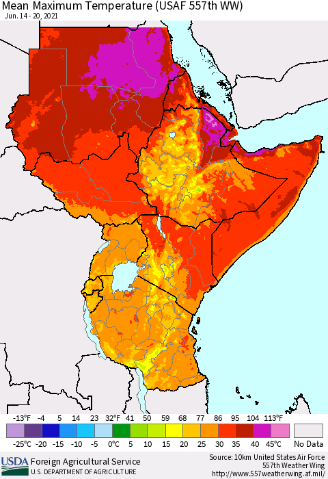 Eastern Africa Maximum Temperature (USAF 557th WW) Thematic Map For 6/14/2021 - 6/20/2021