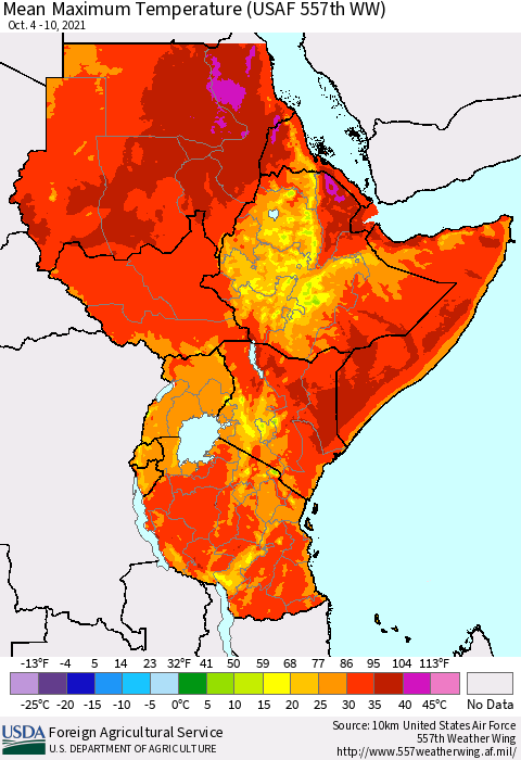 Eastern Africa Maximum Temperature (USAF 557th WW) Thematic Map For 10/4/2021 - 10/10/2021