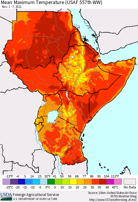 Eastern Africa Maximum Temperature (USAF 557th WW) Thematic Map For 11/1/2021 - 11/7/2021