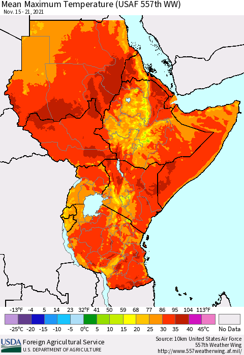 Eastern Africa Mean Maximum Temperature (USAF 557th WW) Thematic Map For 11/15/2021 - 11/21/2021