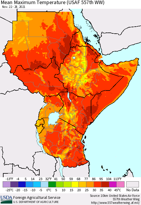 Eastern Africa Mean Maximum Temperature (USAF 557th WW) Thematic Map For 11/22/2021 - 11/28/2021