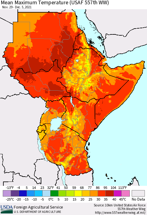 Eastern Africa Maximum Temperature (USAF 557th WW) Thematic Map For 11/29/2021 - 12/5/2021