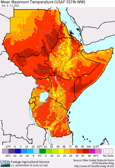 Eastern Africa Maximum Temperature (USAF 557th WW) Thematic Map For 12/6/2021 - 12/12/2021