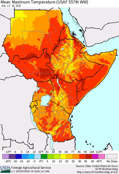 Eastern Africa Maximum Temperature (USAF 557th WW) Thematic Map For 12/13/2021 - 12/19/2021