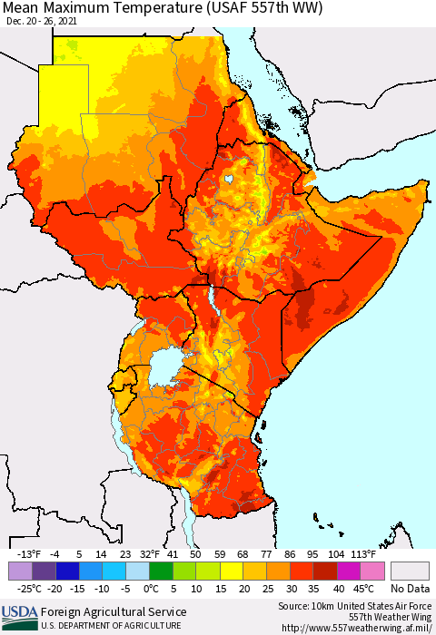 Eastern Africa Mean Maximum Temperature (USAF 557th WW) Thematic Map For 12/20/2021 - 12/26/2021