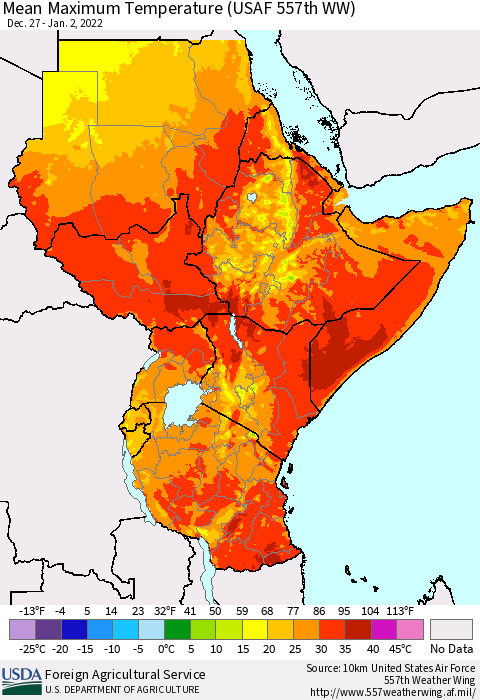 Eastern Africa Maximum Temperature (USAF 557th WW) Thematic Map For 12/27/2021 - 1/2/2022
