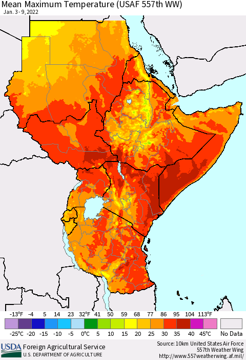 Eastern Africa Maximum Temperature (USAF 557th WW) Thematic Map For 1/3/2022 - 1/9/2022