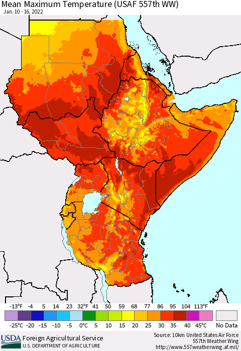 Eastern Africa Maximum Temperature (USAF 557th WW) Thematic Map For 1/10/2022 - 1/16/2022