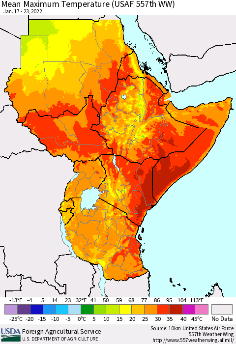Eastern Africa Mean Maximum Temperature (USAF 557th WW) Thematic Map For 1/17/2022 - 1/23/2022