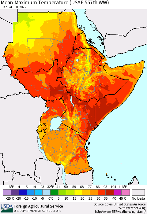 Eastern Africa Mean Maximum Temperature (USAF 557th WW) Thematic Map For 1/24/2022 - 1/30/2022