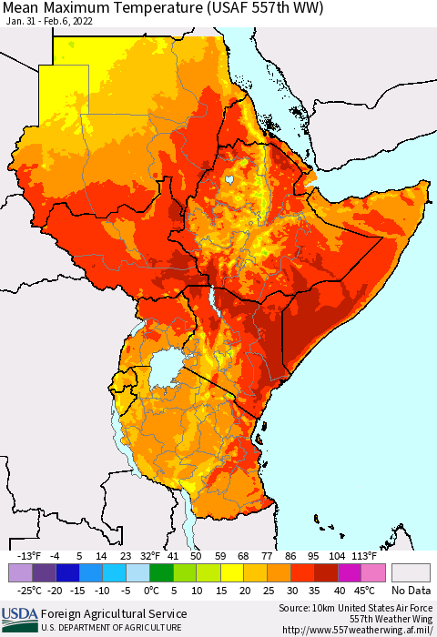 Eastern Africa Mean Maximum Temperature (USAF 557th WW) Thematic Map For 1/31/2022 - 2/6/2022
