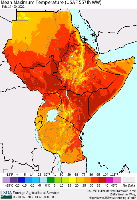 Eastern Africa Mean Maximum Temperature (USAF 557th WW) Thematic Map For 2/14/2022 - 2/20/2022