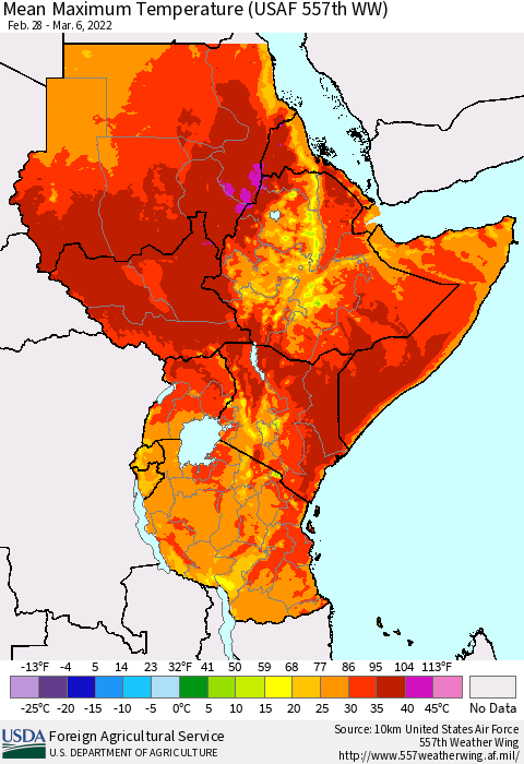 Eastern Africa Mean Maximum Temperature (USAF 557th WW) Thematic Map For 2/28/2022 - 3/6/2022