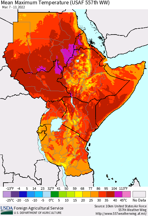 Eastern Africa Mean Maximum Temperature (USAF 557th WW) Thematic Map For 3/7/2022 - 3/13/2022