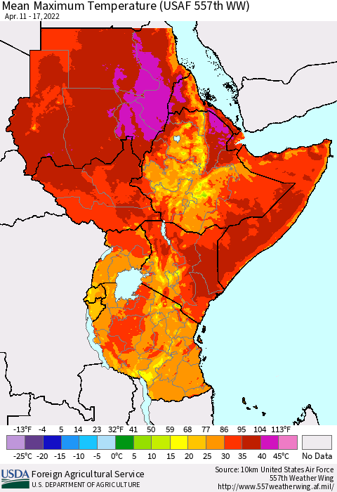 Eastern Africa Mean Maximum Temperature (USAF 557th WW) Thematic Map For 4/11/2022 - 4/17/2022
