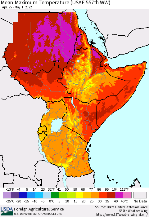 Eastern Africa Mean Maximum Temperature (USAF 557th WW) Thematic Map For 4/25/2022 - 5/1/2022