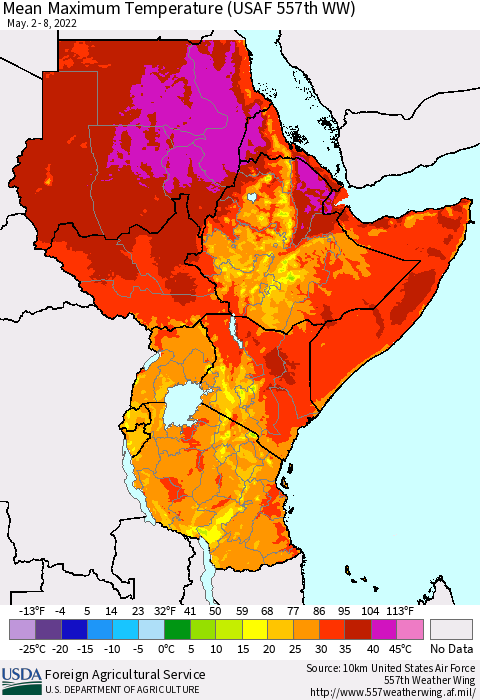 Eastern Africa Mean Maximum Temperature (USAF 557th WW) Thematic Map For 5/2/2022 - 5/8/2022