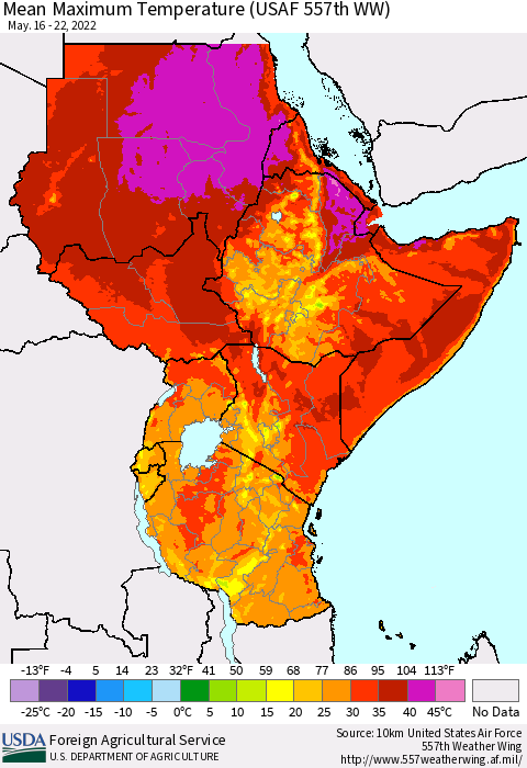 Eastern Africa Mean Maximum Temperature (USAF 557th WW) Thematic Map For 5/16/2022 - 5/22/2022