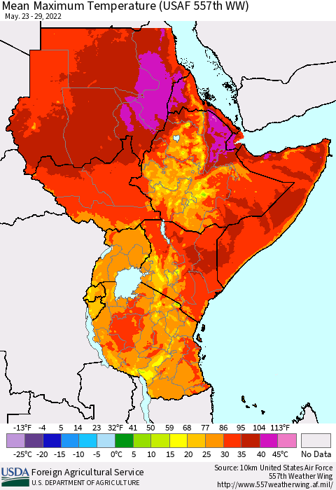 Eastern Africa Mean Maximum Temperature (USAF 557th WW) Thematic Map For 5/23/2022 - 5/29/2022