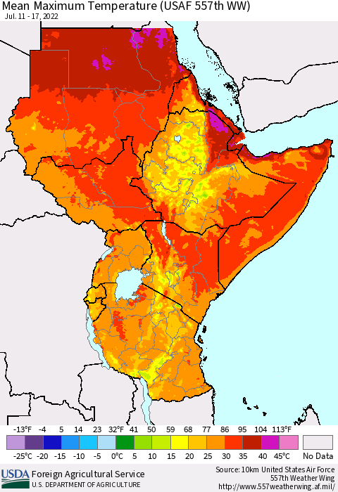 Eastern Africa Mean Maximum Temperature (USAF 557th WW) Thematic Map For 7/11/2022 - 7/17/2022
