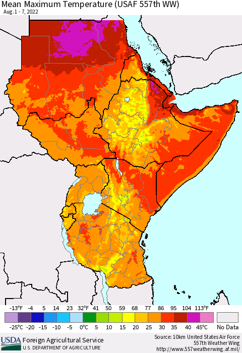 Eastern Africa Mean Maximum Temperature (USAF 557th WW) Thematic Map For 8/1/2022 - 8/7/2022