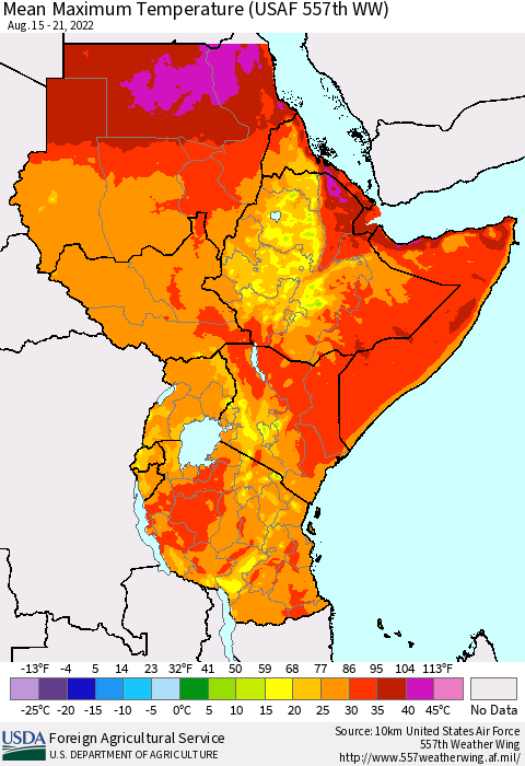 Eastern Africa Mean Maximum Temperature (USAF 557th WW) Thematic Map For 8/15/2022 - 8/21/2022