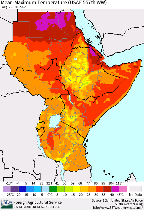 Eastern Africa Mean Maximum Temperature (USAF 557th WW) Thematic Map For 8/22/2022 - 8/28/2022