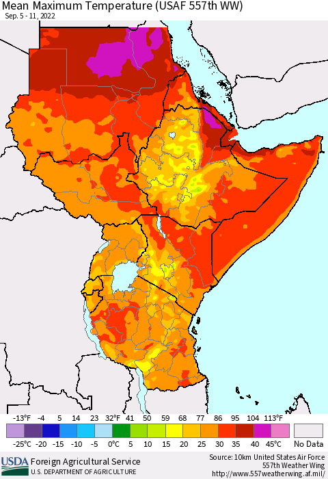 Eastern Africa Mean Maximum Temperature (USAF 557th WW) Thematic Map For 9/5/2022 - 9/11/2022