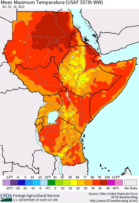 Eastern Africa Mean Maximum Temperature (USAF 557th WW) Thematic Map For 10/10/2022 - 10/16/2022