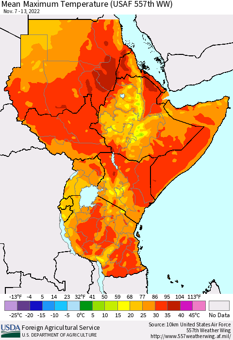 Eastern Africa Mean Maximum Temperature (USAF 557th WW) Thematic Map For 11/7/2022 - 11/13/2022