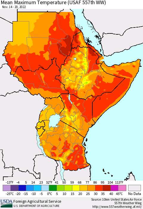 Eastern Africa Mean Maximum Temperature (USAF 557th WW) Thematic Map For 11/14/2022 - 11/20/2022