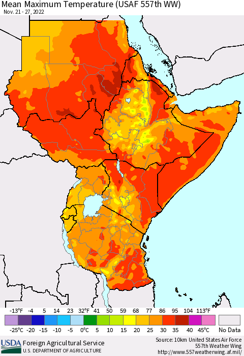 Eastern Africa Mean Maximum Temperature (USAF 557th WW) Thematic Map For 11/21/2022 - 11/27/2022
