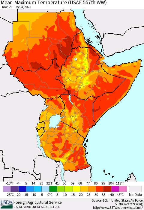 Eastern Africa Mean Maximum Temperature (USAF 557th WW) Thematic Map For 11/28/2022 - 12/4/2022