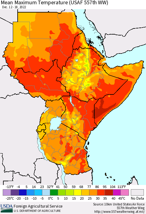 Eastern Africa Mean Maximum Temperature (USAF 557th WW) Thematic Map For 12/12/2022 - 12/18/2022