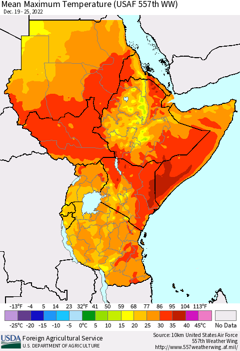 Eastern Africa Mean Maximum Temperature (USAF 557th WW) Thematic Map For 12/19/2022 - 12/25/2022