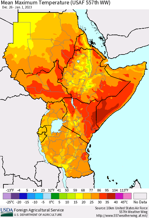 Eastern Africa Mean Maximum Temperature (USAF 557th WW) Thematic Map For 12/26/2022 - 1/1/2023